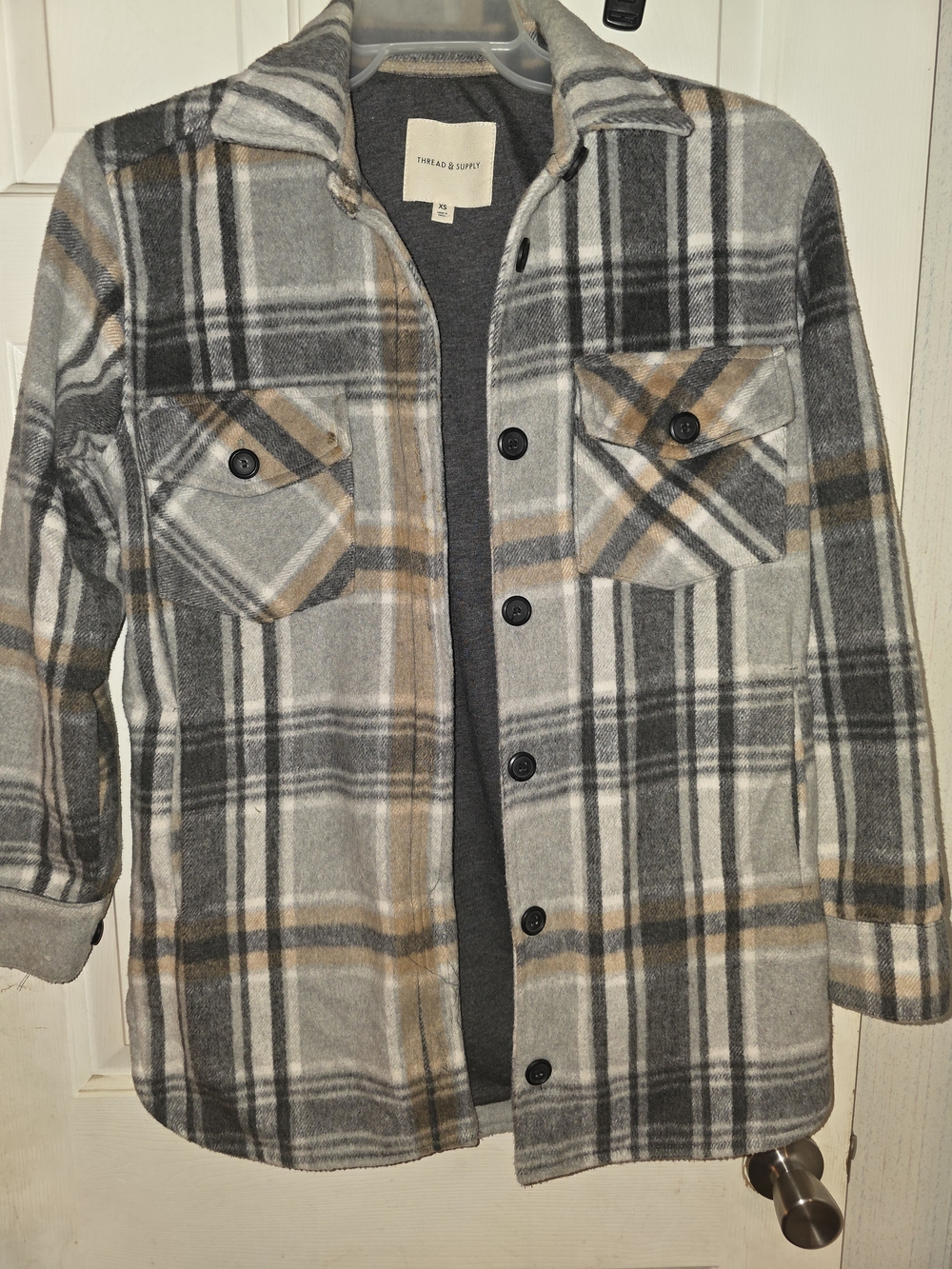Thread & Supply Gray Plaid Shacket with Tan Accents